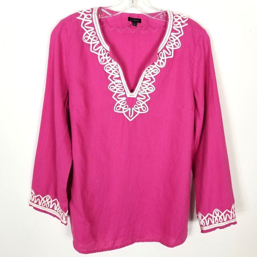 Talbots Women Linen Top Blouse Size S Pink Embroidered Long Sleeve Slit Neck